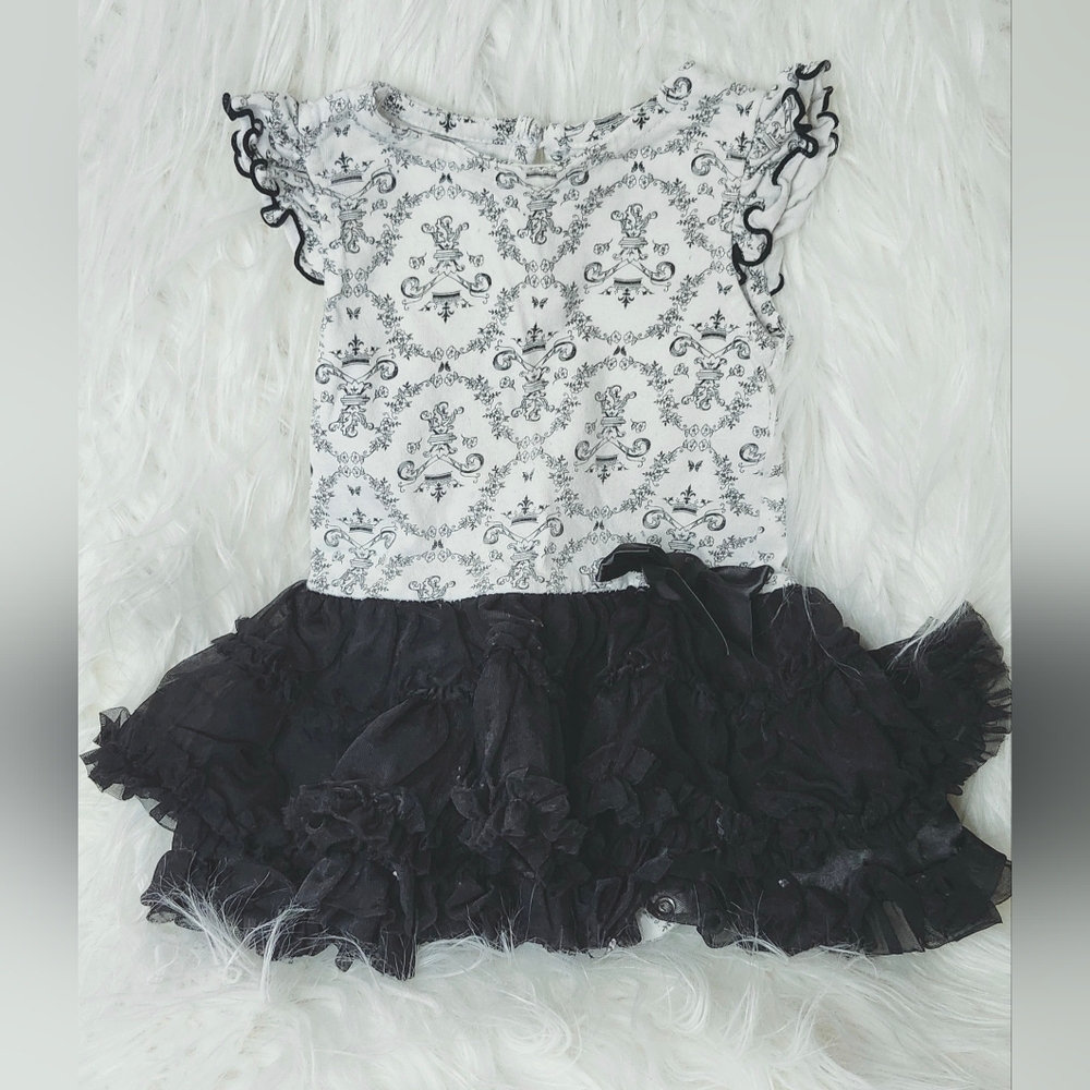 Baby Onesie with tutu skirt - BABY GLAM- black and white with ruffles - 9 mos